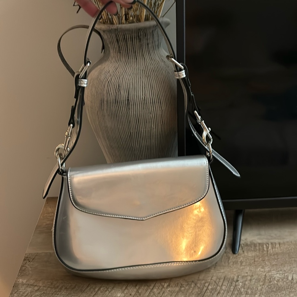 Silver shoulder flap bag